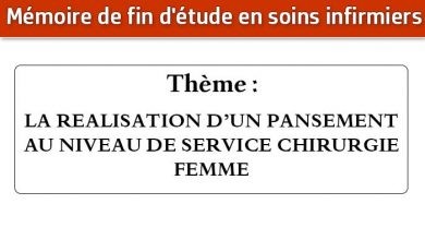 Photo of Mémoire infirmier : LA REALISATION D’UN PANSEMENT AU NIVEAU DE SERVICE CHIRURGIE FEMME